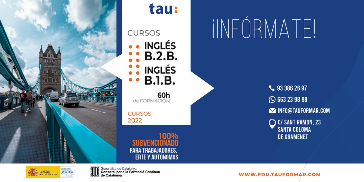 #CursosSubvencionados de #inglés en #TAU en #junio para #trabajadores, #ERTE y #autónomos 🇬🇧 #SantaColomadeGramenet 

INGLÉS B.2.B
edu.tauformar.com/cursos/ingles-…

INGLÉS B.1.B
edu.tauformar.com/cursos/ingles-…