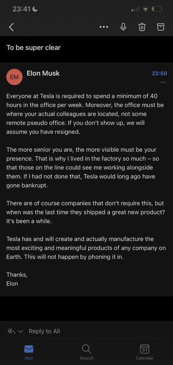 A leaked email from Musk to Tesla staff shows him asking employees to come back to the office or quit 🙀