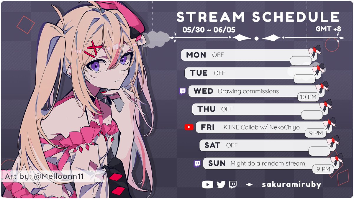 sakuramiruby's tweet photo. ♦️WEEKLY SCHEDULE 05/30 - 06/05♦️
Konruby~ I have a new stream schedule layout! Made by @/MiuMiyana hehe <3
Art tag: #rubyillust NSFW: #Rubylat
Live tag: #Rubytostream
Clips: #RubidyoClips
Memes: #Rubinsons
P.S. I might adjust the stream later by 10:15 PM
#PHVtuber #ENVtuber https://t.co/5wjrvGOuLo