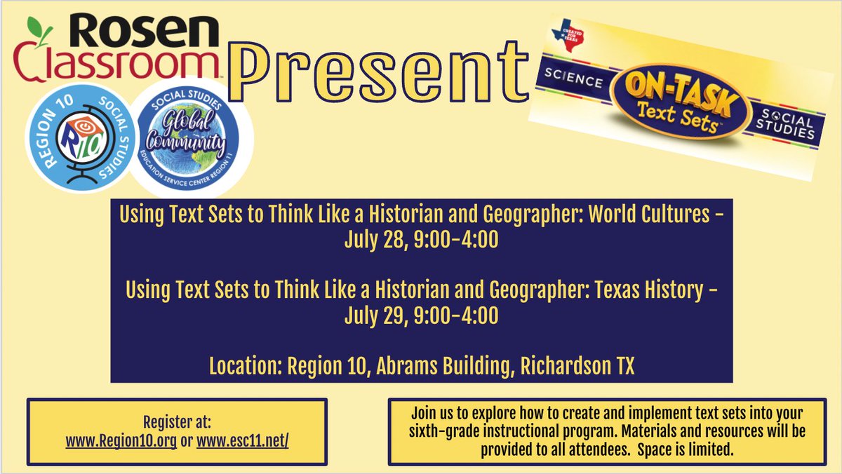 ESC11SS's tweet image. Calling all #TexasHistory educators! Join @RosenPublishing at @Region10ESC this summer to learn how to create and implement #TextSets specific to your content!
registration.esc11.net/catalog/sessio…
