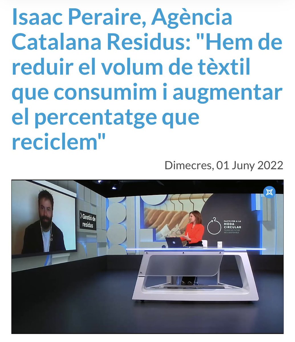 isaacperaire's tweet image. Avui de bon matí m’han entrevistat a @laxarxa. Hem parlat del #PacteperlaModaCircular presentat ahir i de l’esborrany de llei de residus de Catalunya de forma breu però he intentat que clara.

➡️ Recupereu-la: alacarta.cat/noticiesenxarx… #CatalunyaCircular @residuscat