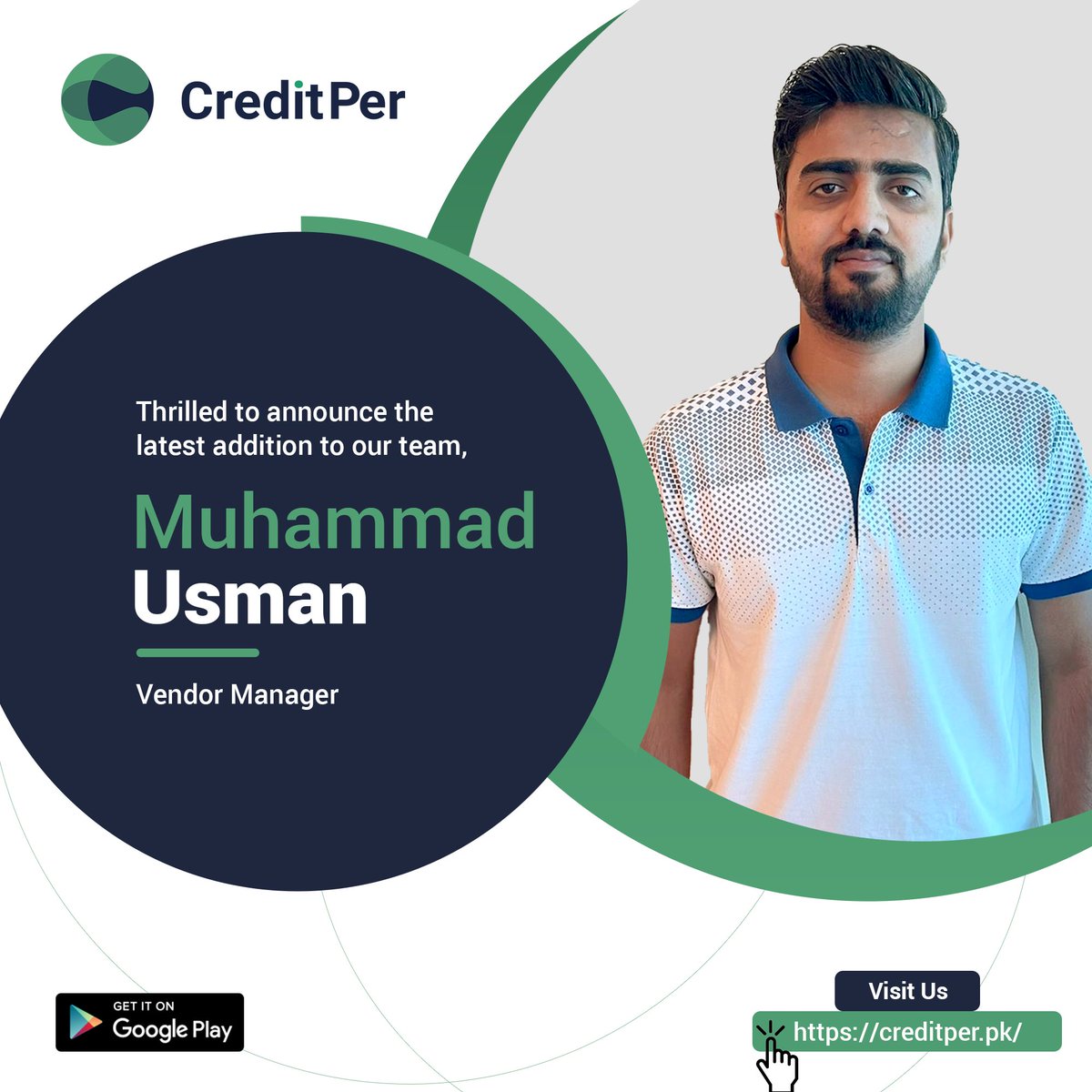 CreditPerPk's tweet photo. Muhammad Usman joins CreditPer as Vendor Manager!
With an Mphil in Accounting and Finance, Usman has over 7 years of experience in Operations and Vendor Management.
#JoChaho #CreditPer https://t.co/o5w8Vkg4eu