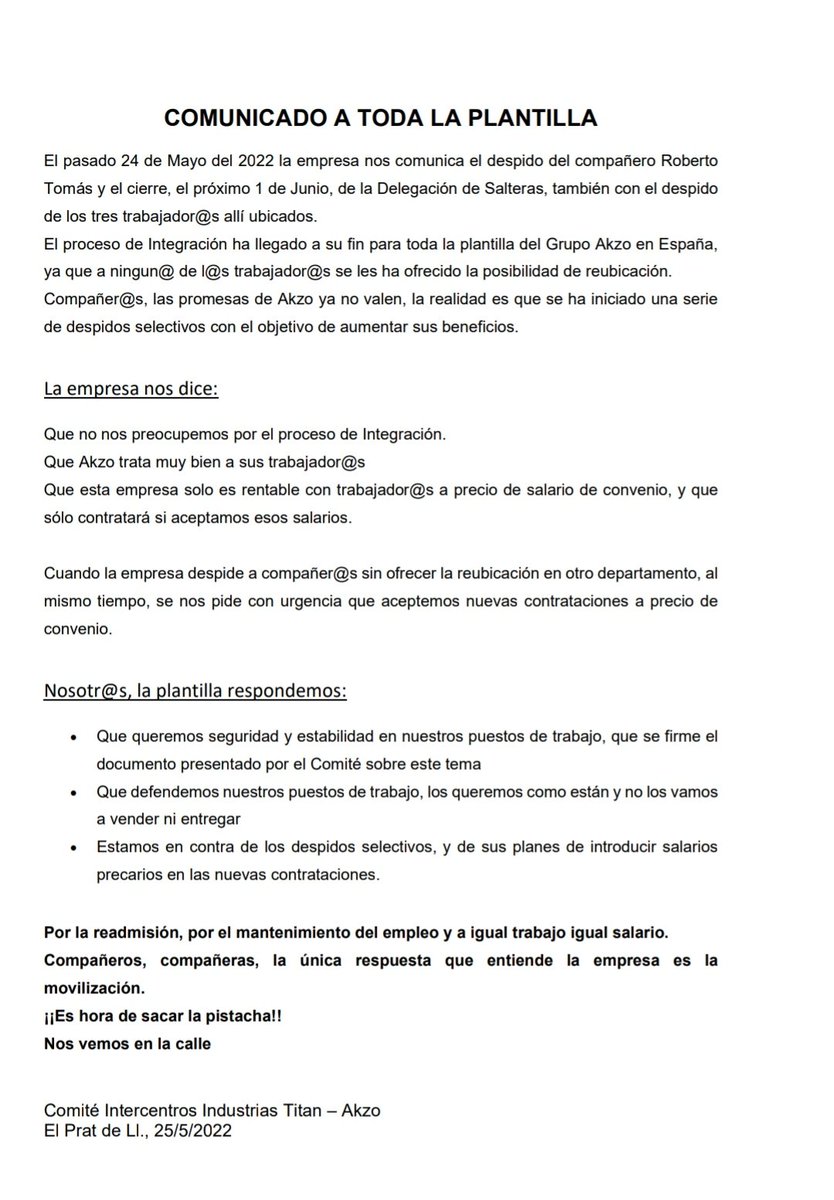 TrabajTitanAkzo's tweet photo. La semana pasada tuvimos el despido de un trabajador 
Desde el Comité Intercentros solicitamos a @TitanluxEs y el grupo @AkzoNobel su readmisión
#AkzoDespide https://t.co/qOeeDb59j9