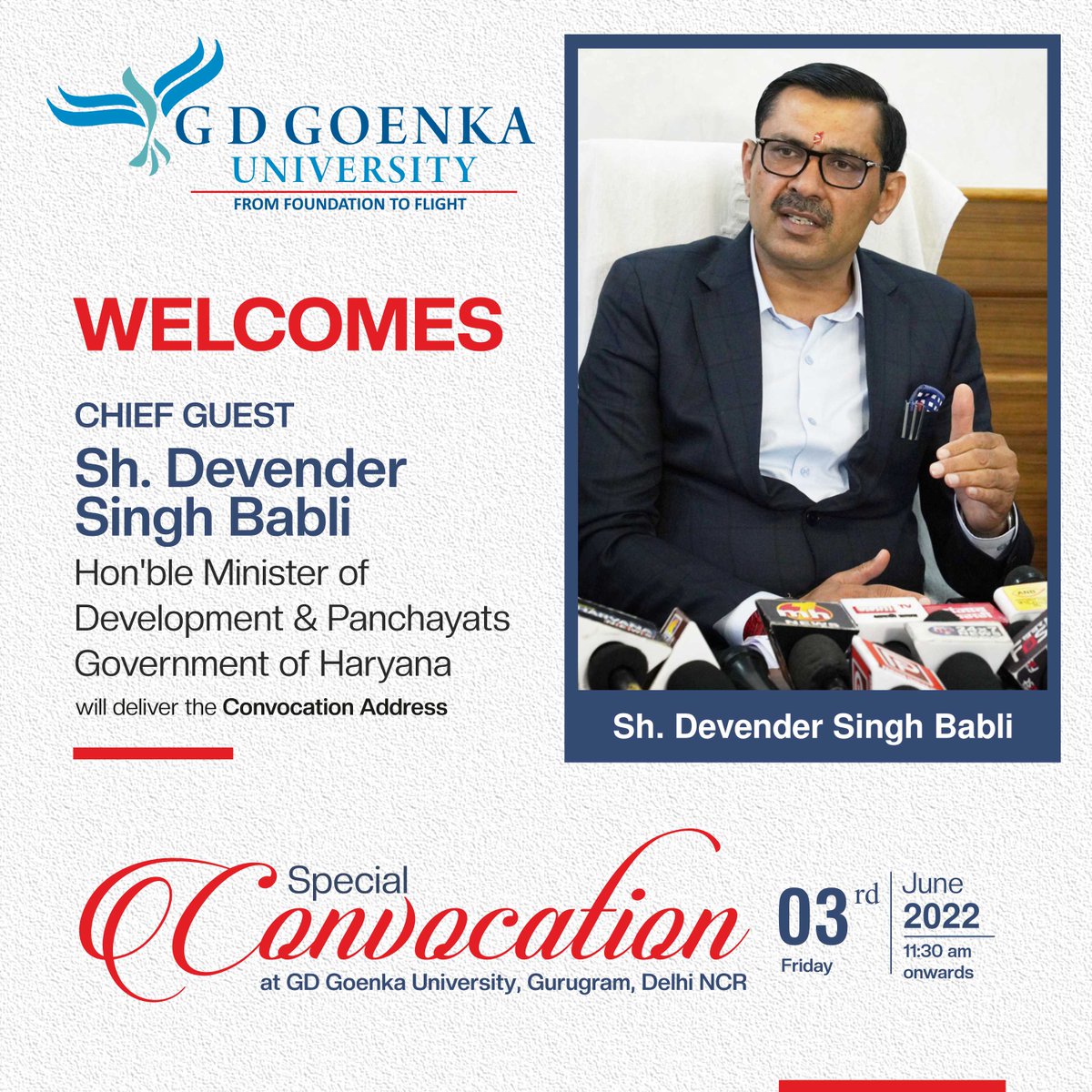goenka_univer's tweet photo. GD Goenka University welcomes the Chief Guest Sh. Devender Singh Babli, Hon’ble Minister of Development & Panchayats, Govt. of Haryana, to deliver the Convocation Address at the Special Convocation.
#SpecialConvocation #DevenderSinghBabli #GDGoenkaUniversity #GDGU https://t.co/qgyhcwu3HY