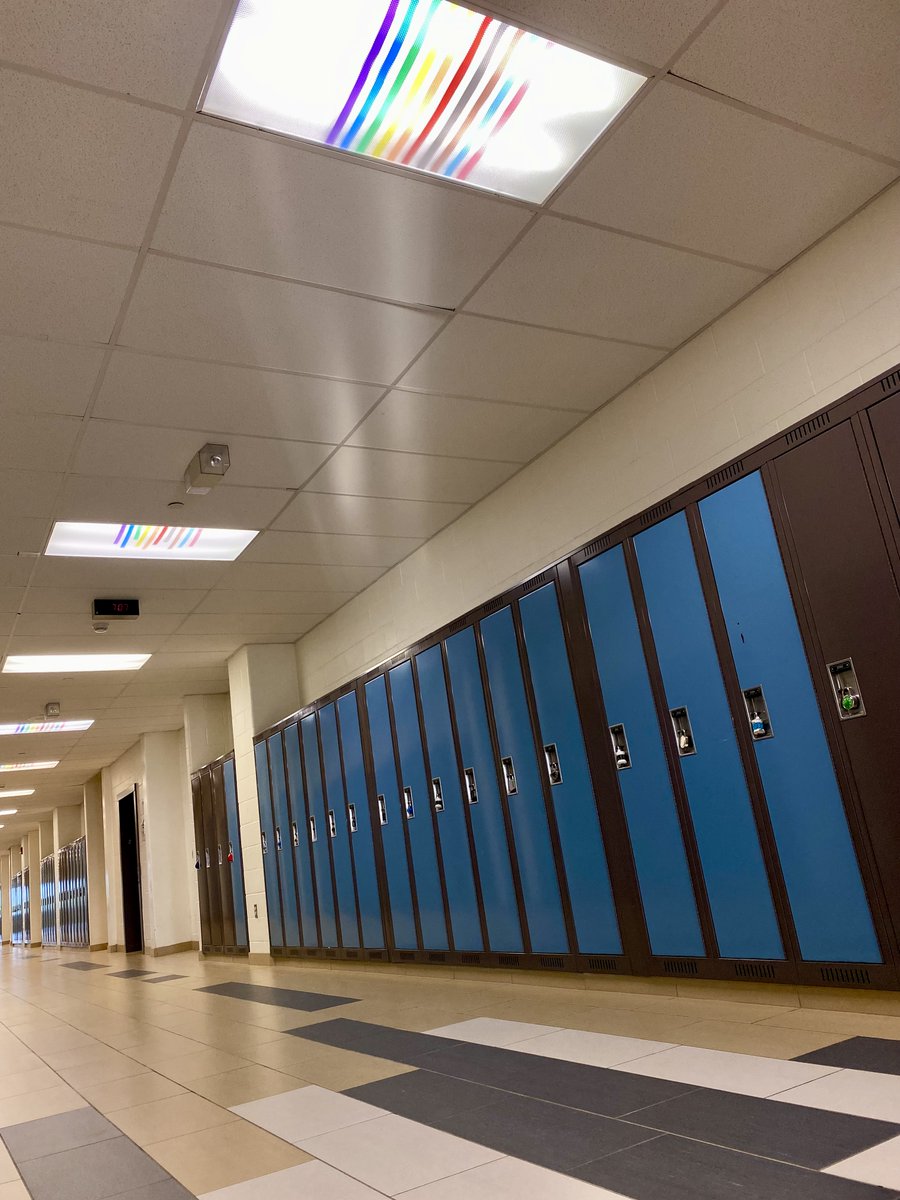 Mister_Duncan's tweet photo. 2021 HDSB Student Census data suggests that at least 22% of our high school students identify within the broad diversity of the #2SLGBTQ+ community. @GarthWebbSS installed rainbows in 22% of our hallway lights; the visibility is staggering and delightful. Happy #PrideMonth ! 1/2 https://t.co/nTitJXfOap