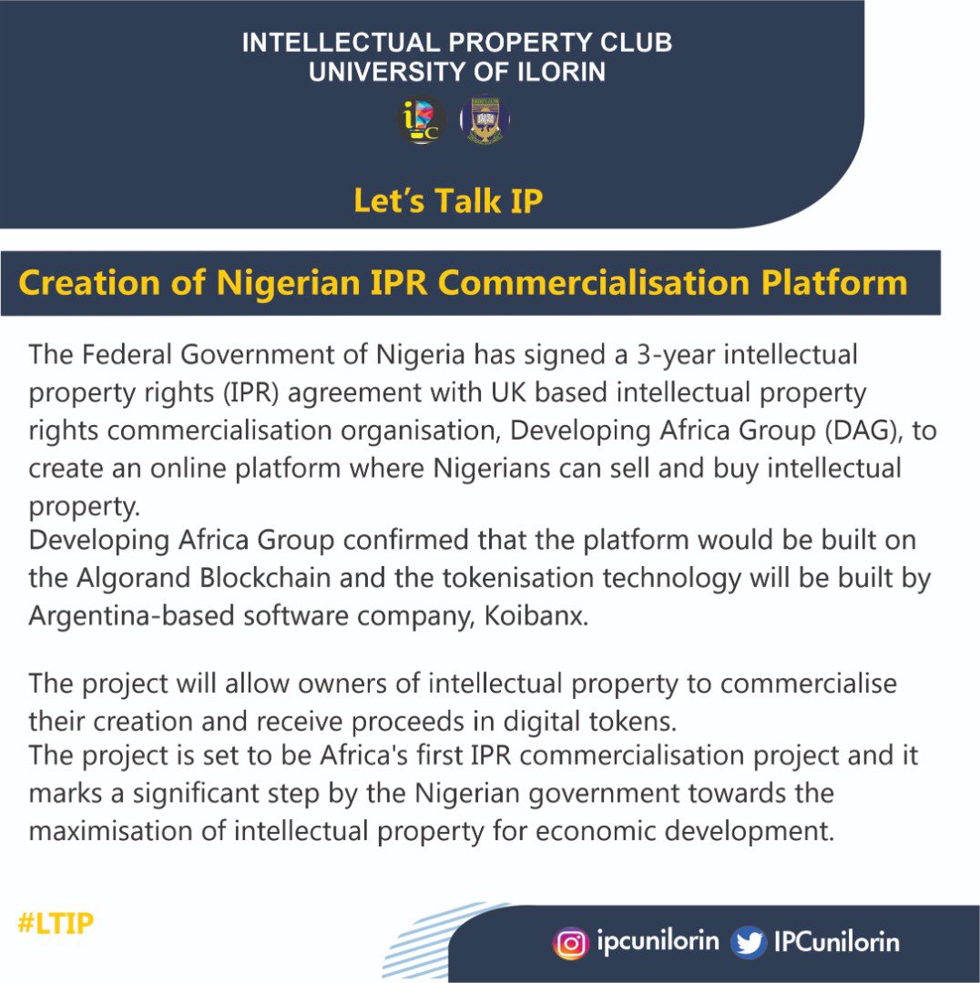 Happy LTIP Wednesday 🎉. Please read for more information on the intellectual property rights agreement signed between Nigeria and a UK based intellectual property rights commercialisation organization, Developing Africa Group (DAG). 

#ltip #wednesday #intellectualpropertyrights
