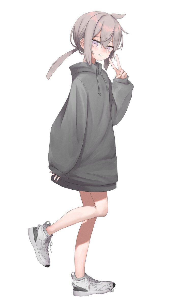 m200 (girls' frontline) 1girl solo v sneakers hood shoes hoodie  illustration images