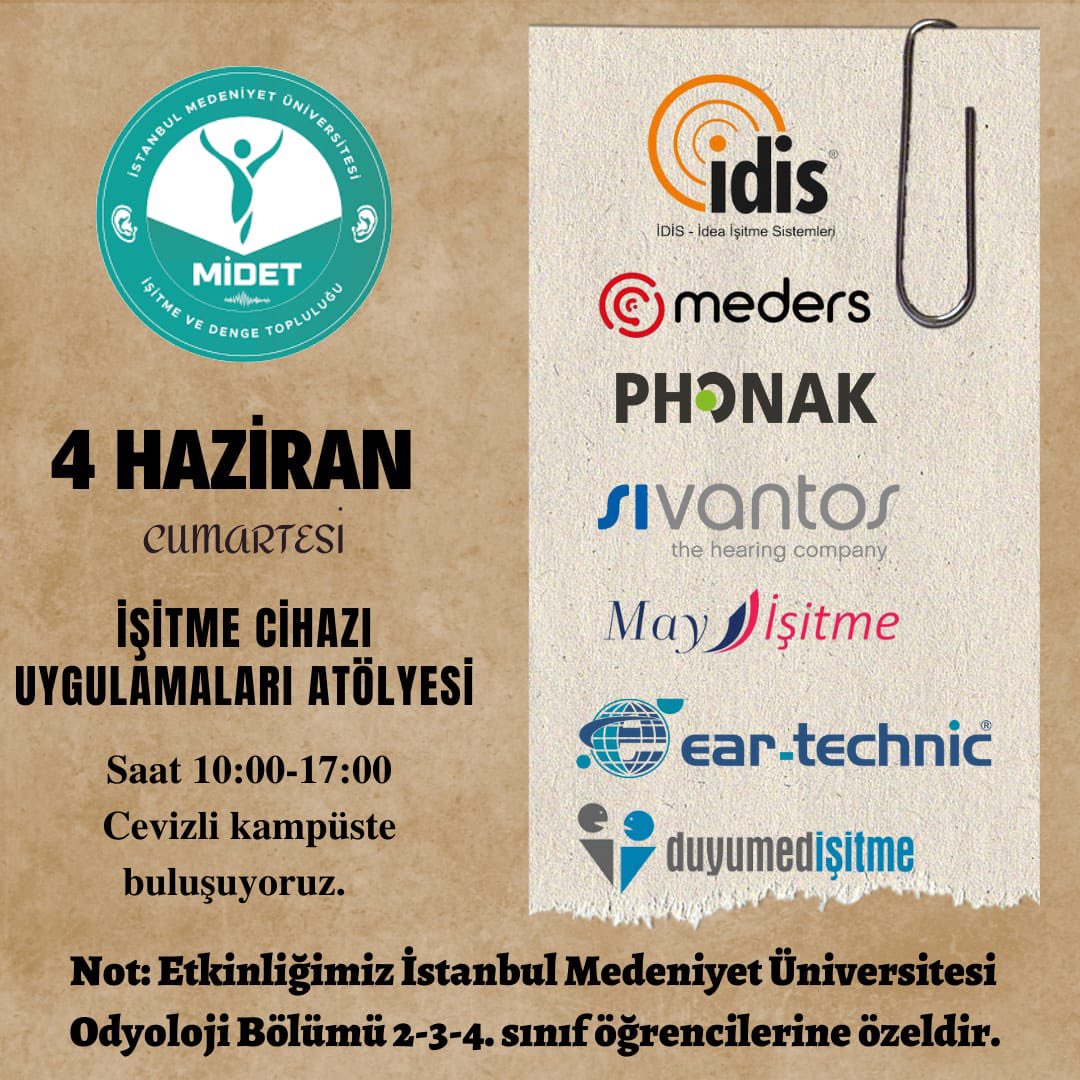 4 Haziran Cumartesi günü saat 10:00-17:00 arasında Cevizli Kampüste yapılacak olan İşitme Cihazı Uygulama Atölyesine İstanbul Medeniyet Üniversitesi Odyoloji Bölümü 2-3-4. Sınıf öğrencilerini etkinliğimize bekliyoruz.✨☺️