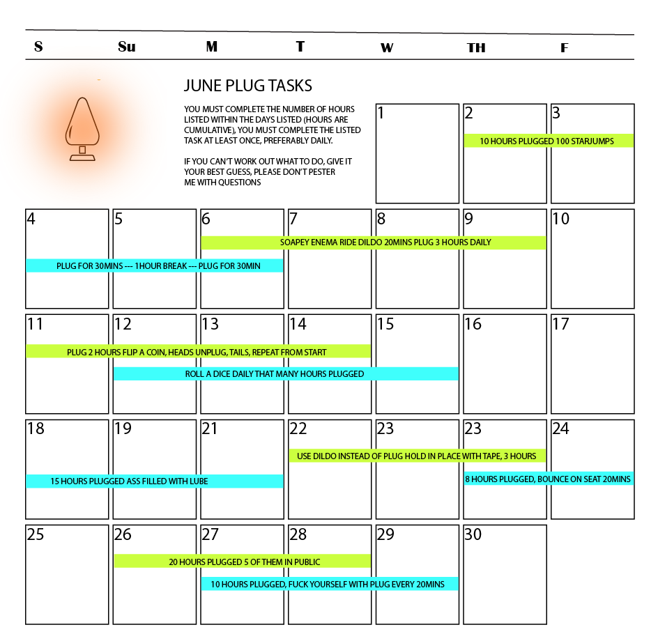 K1nkMega's tweet photo. plug schedule for June, green is for intense players, blue for..... less anally talented subs, remember that if you are having trouble working out what I mean by this, give it your best guess, PLEASE DO NOT DM ME WITH QUESTIONS, just have fun with it. https://t.co/vfHFukvvuj