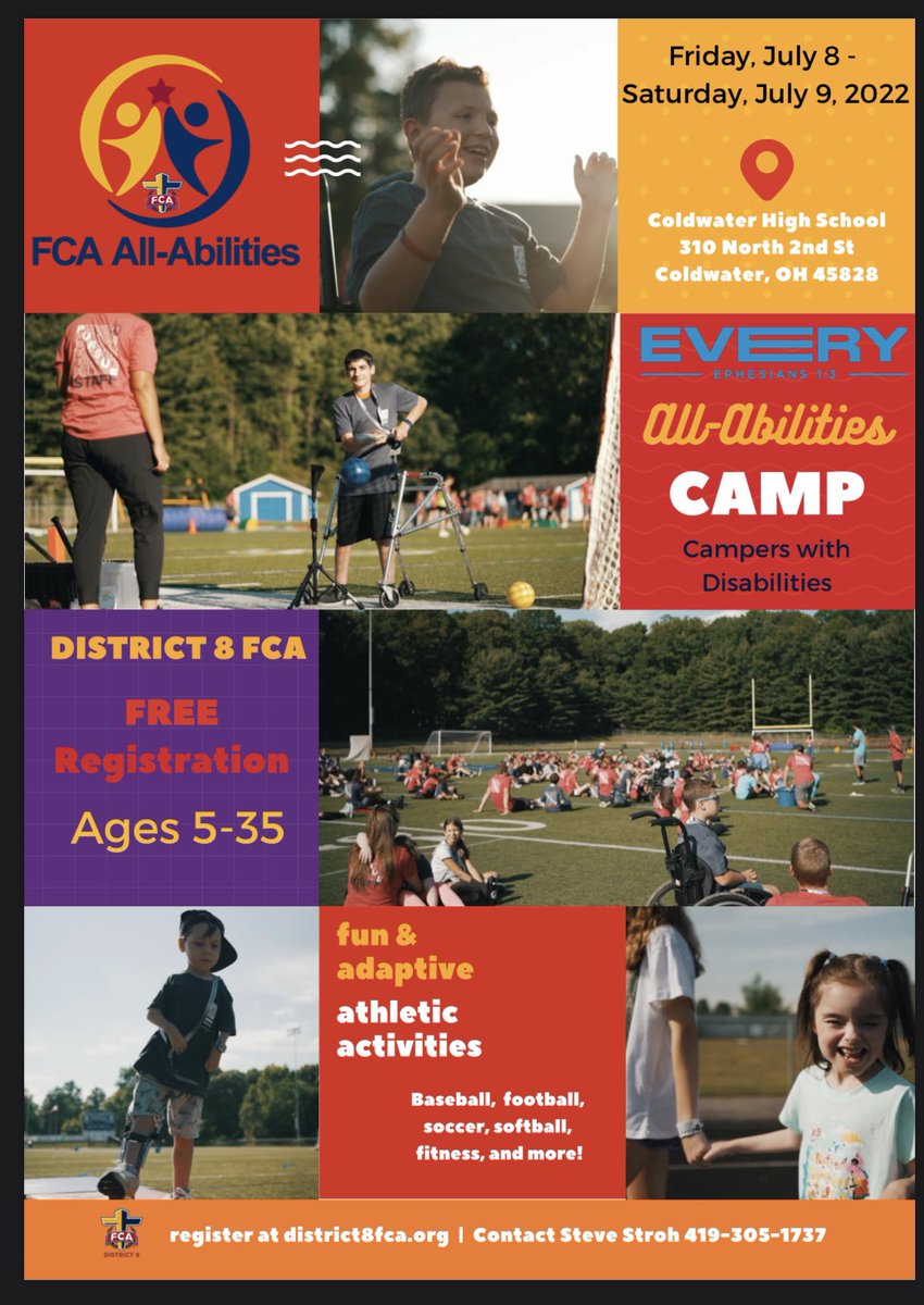 FindlayHS_FCA's tweet photo. All. Abilities. Camp!! 
July 8-9 @ Coldwater High School
Spread the word!! 

For more information and to register go to https://t.co/BZRBBKBl6C  

Volunteers also needed 😊. https://t.co/moOGLeBXVe