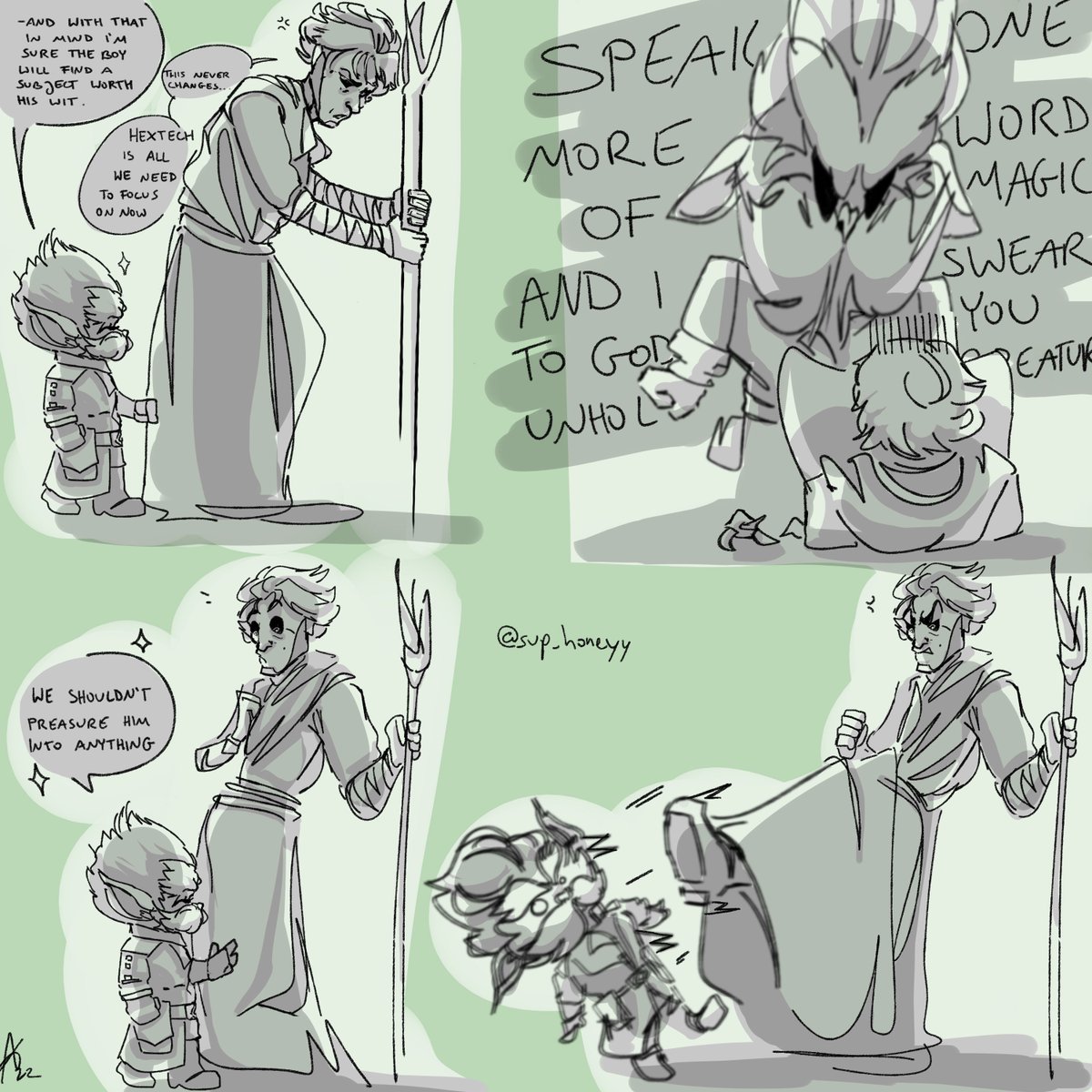 sup_honeyy's tweet photo. When not kickable why smol??
@savvyn_t said 'mentors that cancle each other out' and i live for that ๐๐
#oldMage!ViktorAU #arcane #jayvik #heimerdinger #viktorarcane https://t.co/c0TiJYcRiI