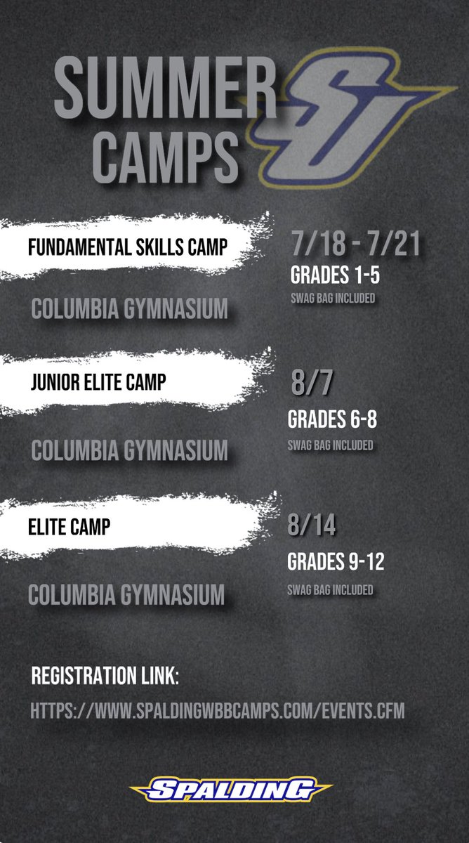 ❕Spalding WBB Summer Camps❕

🔹Fundamental Skills Camp 
🔹Junior Elite Camp
🔹Elite Camp 

Registration Link: 
spaldingwbbcamps.com/events.cfm