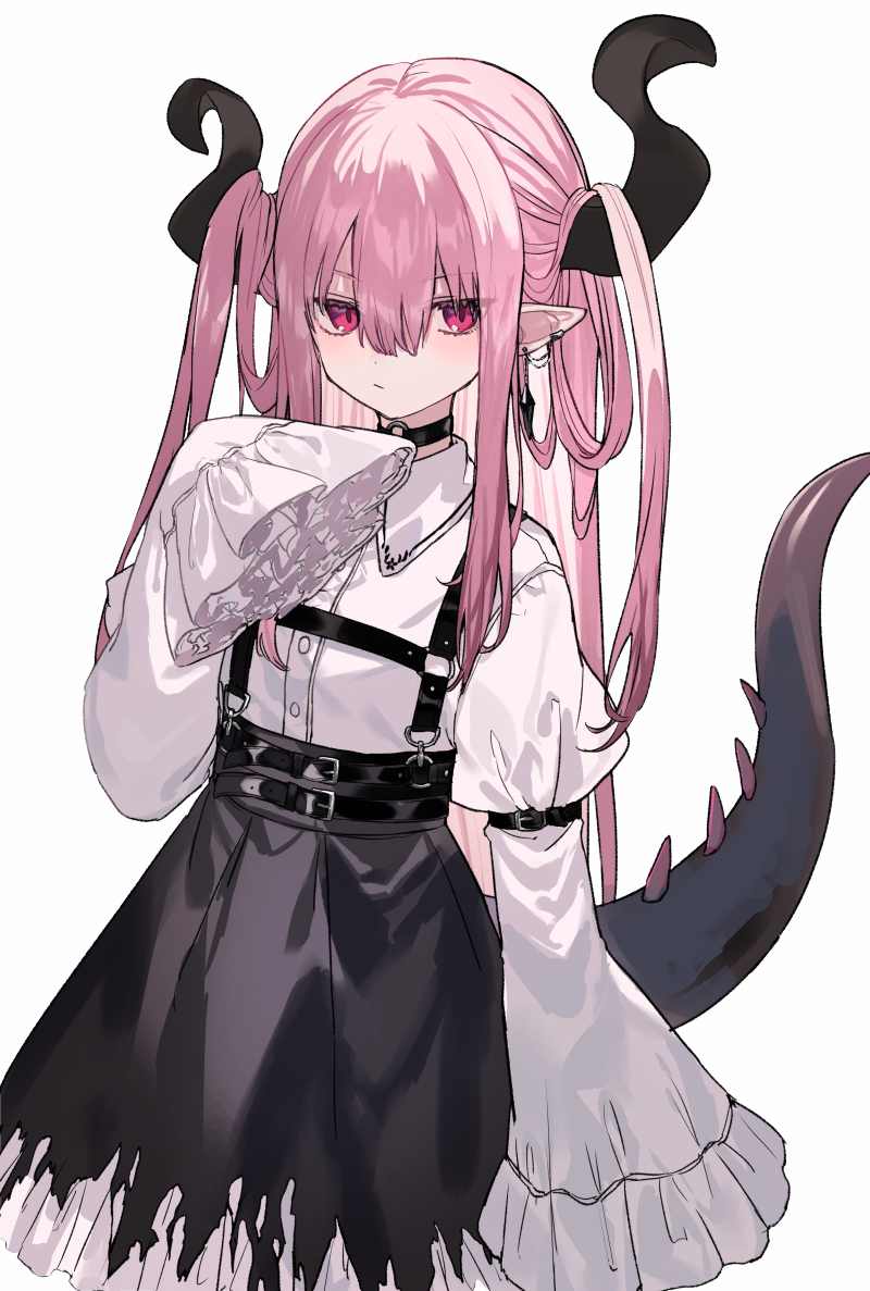 1girl solo horns pink hair tail long hair sleeves past wrists  illustration images