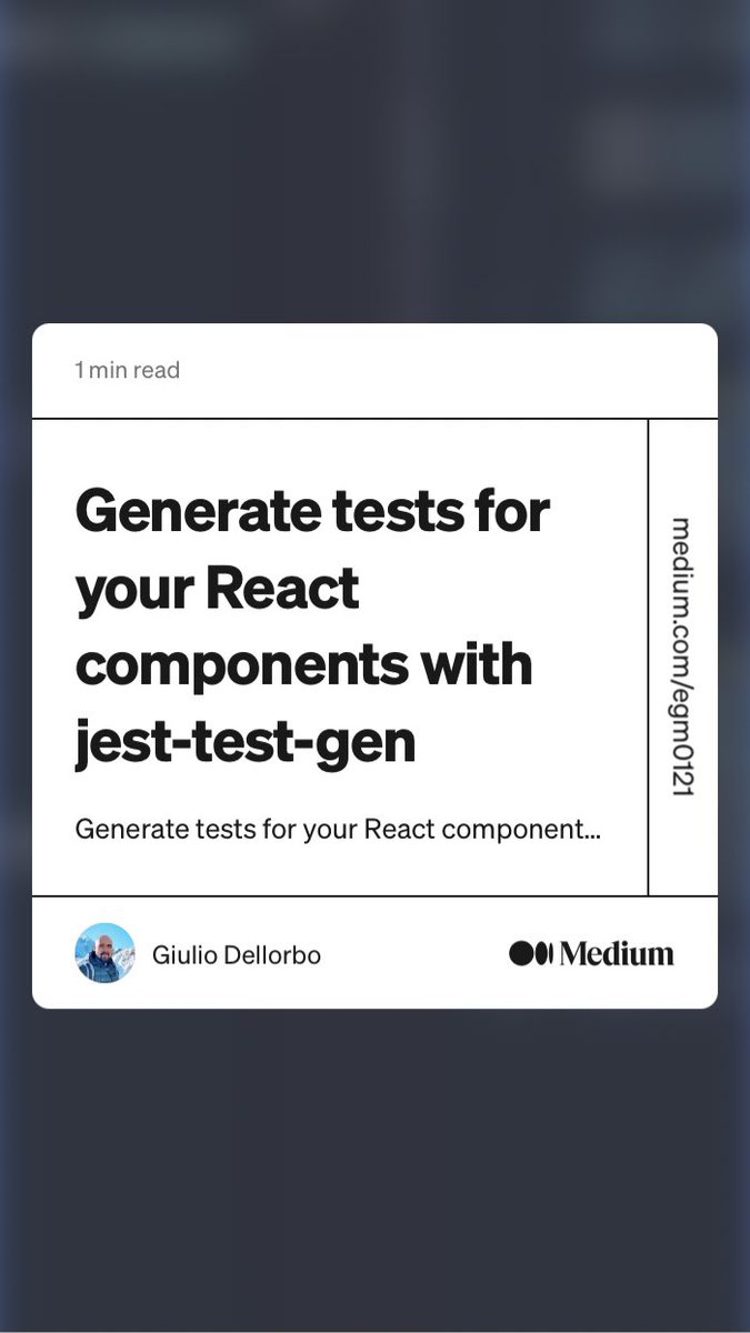 egm0121's tweet photo. “Generate tests for your React components with jest-test-gen” by Giulio Dellorbo #jest #react #codegeneration #testing #ts #ast #snapshots
https://t.co/yGQLa4FsFk https://t.co/3L1hWBDUvH