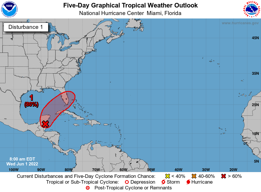 NHC_Atlantic's tweet photo. 8 AM EDT Wed June 1: A broad area of low pressure near the Yucatan Peninsula has a high chance of formation while it moves northeastward over the northwest Caribbean Sea and southeastern Gulf of Mexico during the next couple of days.  Follow the latest at https://t.co/tW4KeGdBFb https://t.co/5IsZCU9frW