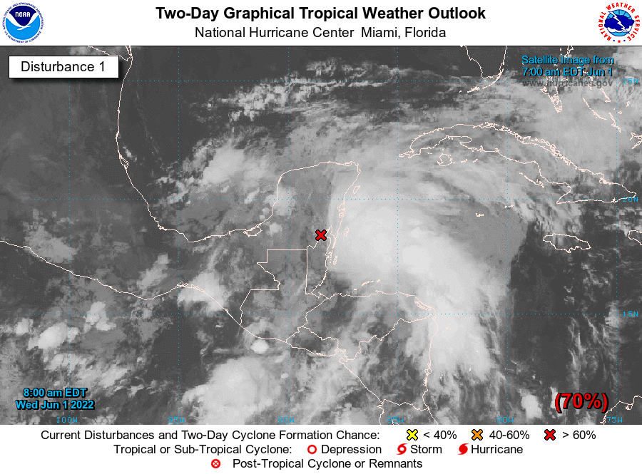 NHC_Atlantic's tweet photo. 8 AM EDT Wed June 1: A broad area of low pressure near the Yucatan Peninsula has a high chance of formation while it moves northeastward over the northwest Caribbean Sea and southeastern Gulf of Mexico during the next couple of days.  Follow the latest at https://t.co/tW4KeGdBFb https://t.co/5IsZCU9frW