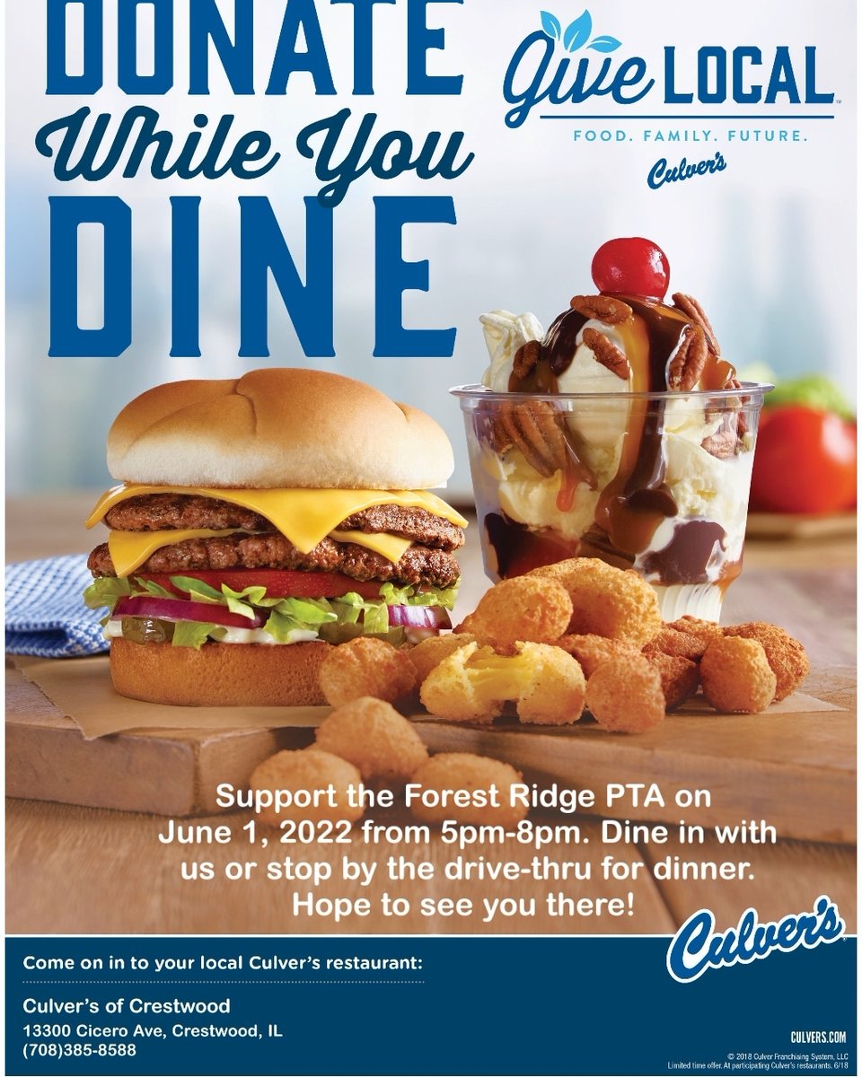 Forest Ridge PTA (@d142pta) on Twitter photo Happy last day of school!!!! Woo hoo!! We made it. What better way to celebrate than coming out to Culver's tonight for dinner & ice cream @ the Crestwood location from 5pm-8pm
<a href="/RidgeECC/">Ridge Early Childhood Center</a> <a href="/KerkstraCougars/">Kerkstra Elementary</a> <a href="/FosterLions/">Foster Elementary</a> <a href="/Hille_Huskies/">Hille Huskies</a> <a href="/ForestRidge142/">Forest Ridge SD142</a> Happy last day of school!!!! Woo hoo!! We made it. What better way to celebrate than coming out to Culver's tonight for dinner & ice cream @ the Crestwood location from 5pm-8pm
<a href="/RidgeECC/">Ridge Early Childhood Center</a> <a href="/KerkstraCougars/">Kerkstra Elementary</a> <a href="/FosterLions/">Foster Elementary</a> <a href="/Hille_Huskies/">Hille Huskies</a> <a href="/ForestRidge142/">Forest Ridge SD142</a>
