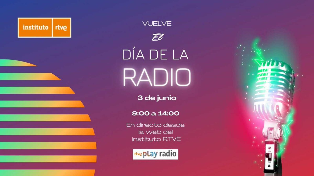 RTVE_Com's tweet photo. 🎙 Si eres un amante de la radio, ¡no te pierdas la jornada que le dedica el @instituto_rtve el viernes 3 de junio!

➡ Se trata de una jornada que anualmente produce el alumnado de los ciclos de Producción y Sonido. https://t.co/MAbxCtCOuL