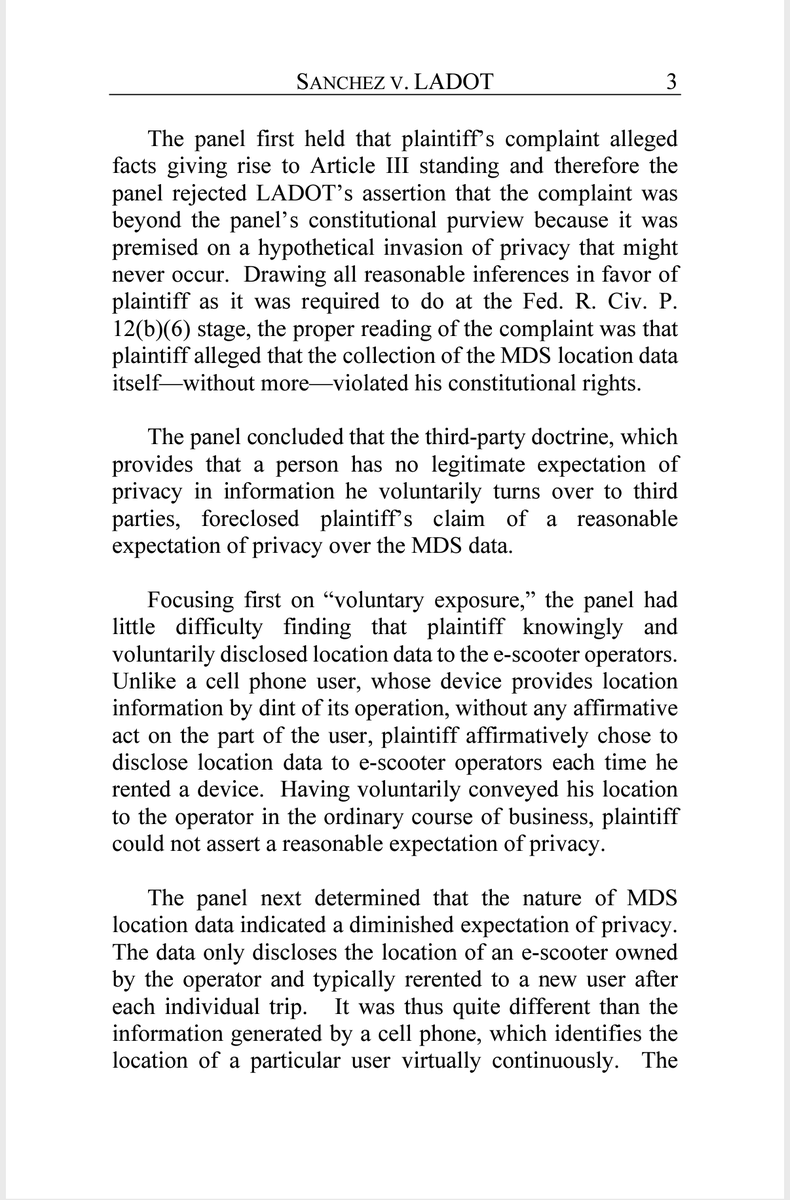 gabe_klein's tweet photo. SEMI-BREAKING NEWS: The 9th Circuit Court dismisses, unanimously &amp; finally, the MDS case brought against LADOT by EFF, ACLU etc. and funded by a major tech company. They found that a combination of "third party doctrine," and "voluntary exposure" + lack of standing under CalECPA: https://t.co/wHbwlUaR24