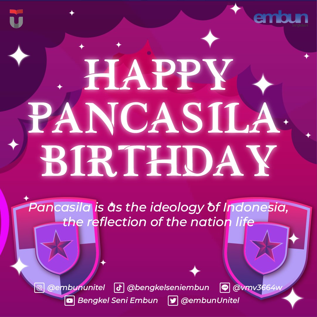 ✨HAPPY PANCASILA BIRTHDAY ✨
Kami segenpan keluarga besar Bengkel Seni Embun mengucapkan
Selamat Hari Lahir Pancasila

Ideologi Indonesia yang harus kita tanamkan dalam diri, kita pahami maknanya, dan menerapkannya dalam kehidupan sehari - hari
#EmbunUnitel 
#PancasilaBirthday
