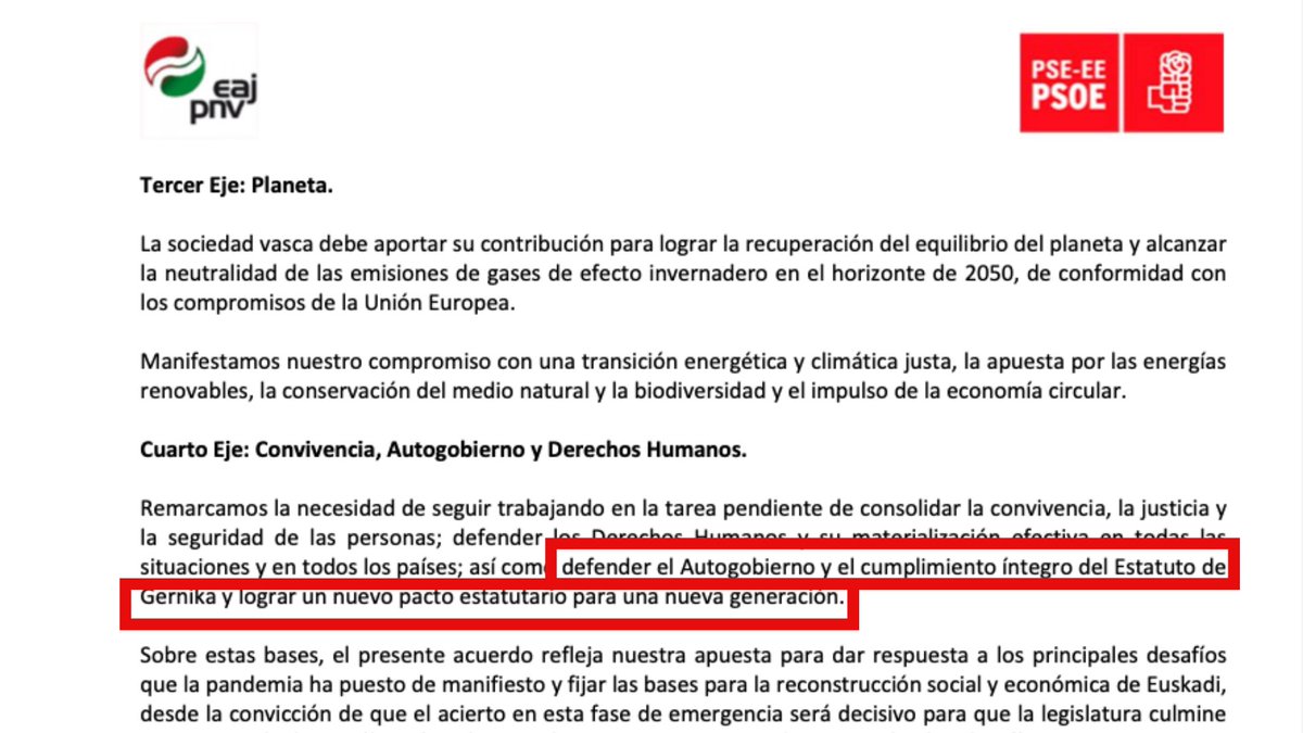 "Negociación y acuerdo del nuevo Estatuto de la CAV" no es:
❌ni nuevo Estatus
❌ni redistribuir la soberanía
❌ni retornar a la soberanía anterior a 1839
❌ni nación foral
Sí es, según el pacto de Gobierno:
✅"un nuevo pacto estatutario para una nueva generación"
#HacemosEuskadi