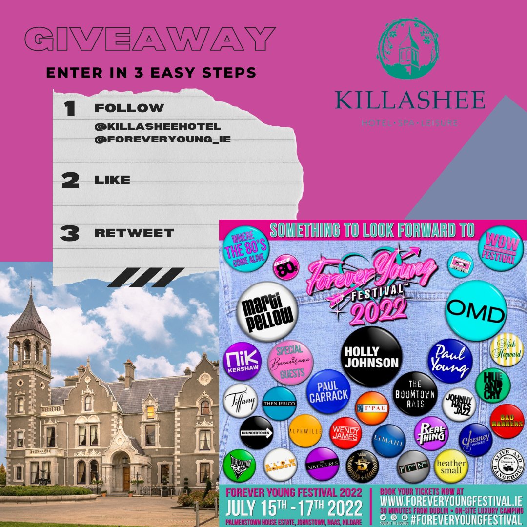 Competition Time🎶🎸🥁
We are delighted to team up with <a href="/ForeverYoung_ie/">Forever Young Festival</a> 
The prize includes:
-an overnight stay Bed &amp; Breakfast at Killashee Hotel for two people sharing on Sunday the 17/07/22
-2 day passes for the festival for Sunday the 17/07/22
#giveaway