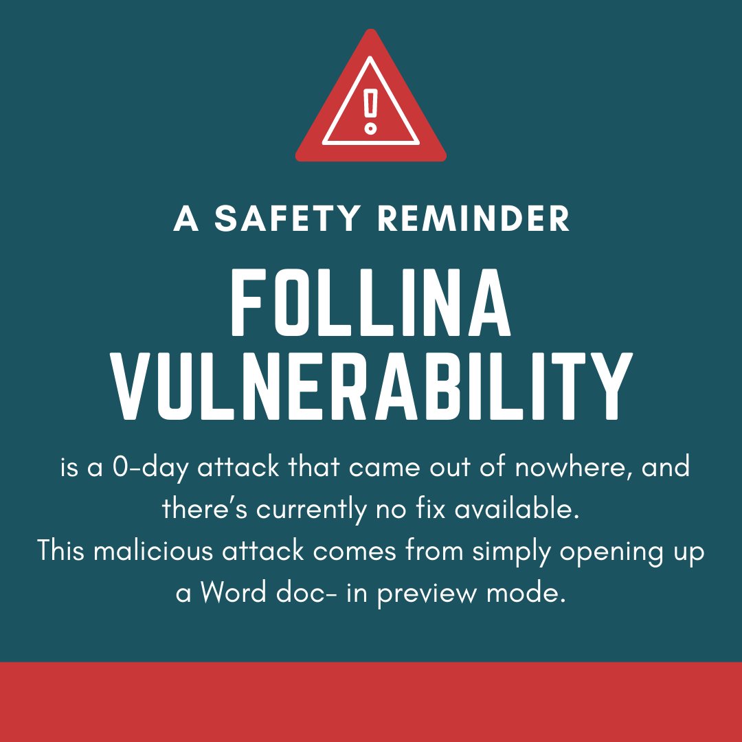 Be aware of the new Follina vulnerability.⚠️

 Here's a great recap if you are looking for more information:

news.sophos.com/en-us/2022/05/…

#simplexit #cybersecurity #follina #cyberattack #attack #microsoft #technology #technews #security #msp #sophos #follinavulnerability #security