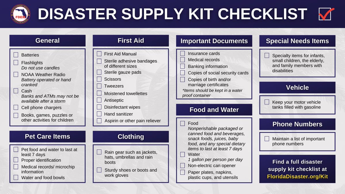 FLSERT's tweet image. 🌀 Today is the first day of the 2022 Atlantic Hurricane Season! Before a storm threatens your community, take the time now to develop your household's hurricane plans &amp;amp; stock up disaster supply kits.

➡️ Learn more ways to be prepared for the season at FloridaDisaster.org/PlanPrepare.