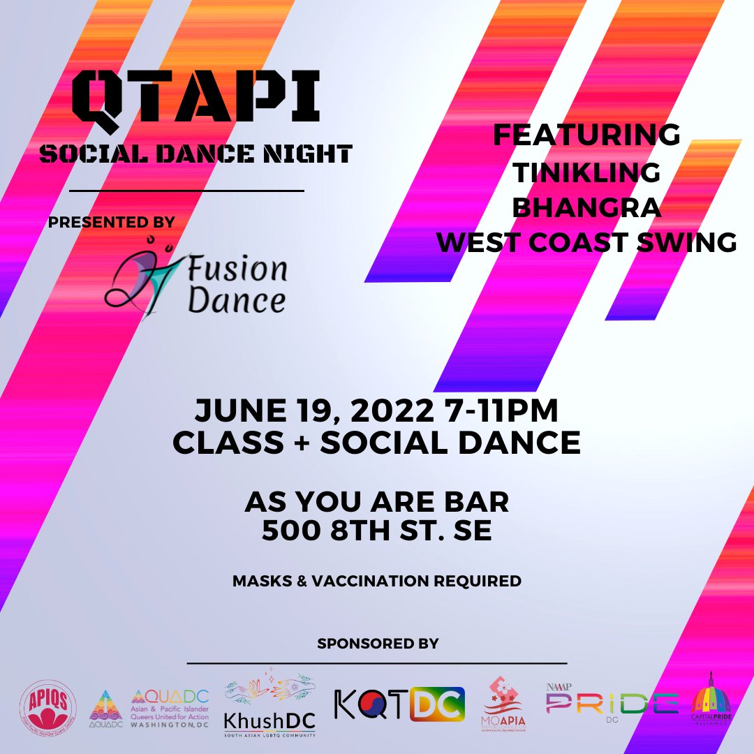 For our Pride celebration this year, we are partnering with the QTAPI community for a very special event featuring South Asian/Filipino dance styles of Bhangra and Tinikling!! We're also very excited to bring you West Coast Swing lessons.
Sign up using the form in our bio
