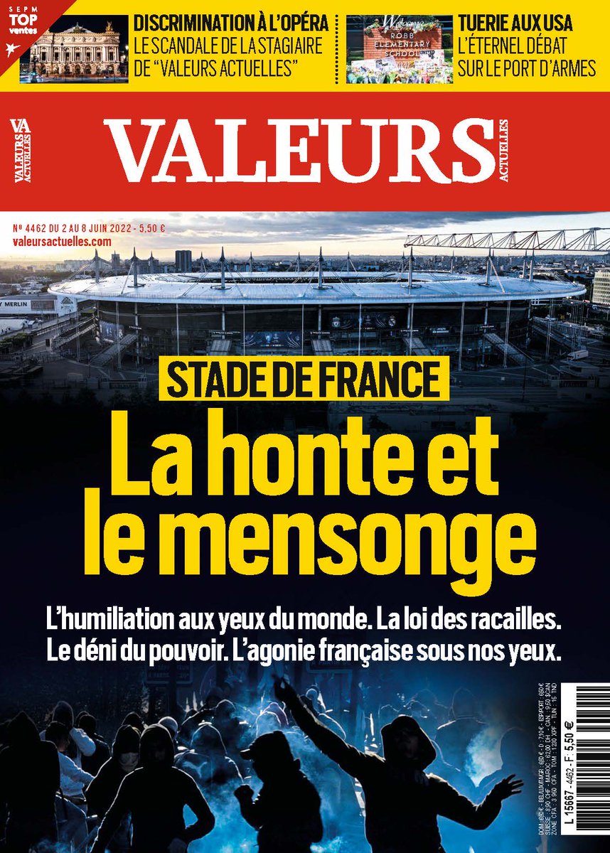 🗞 À lire dans @Valeurs actuelles : 🏟 #StadeDeFrance La honte et le mensonge : l’humiliation aux yeux du monde, la loi des racailles, le déni du pouvoir, l’agonie française sous nos yeux.