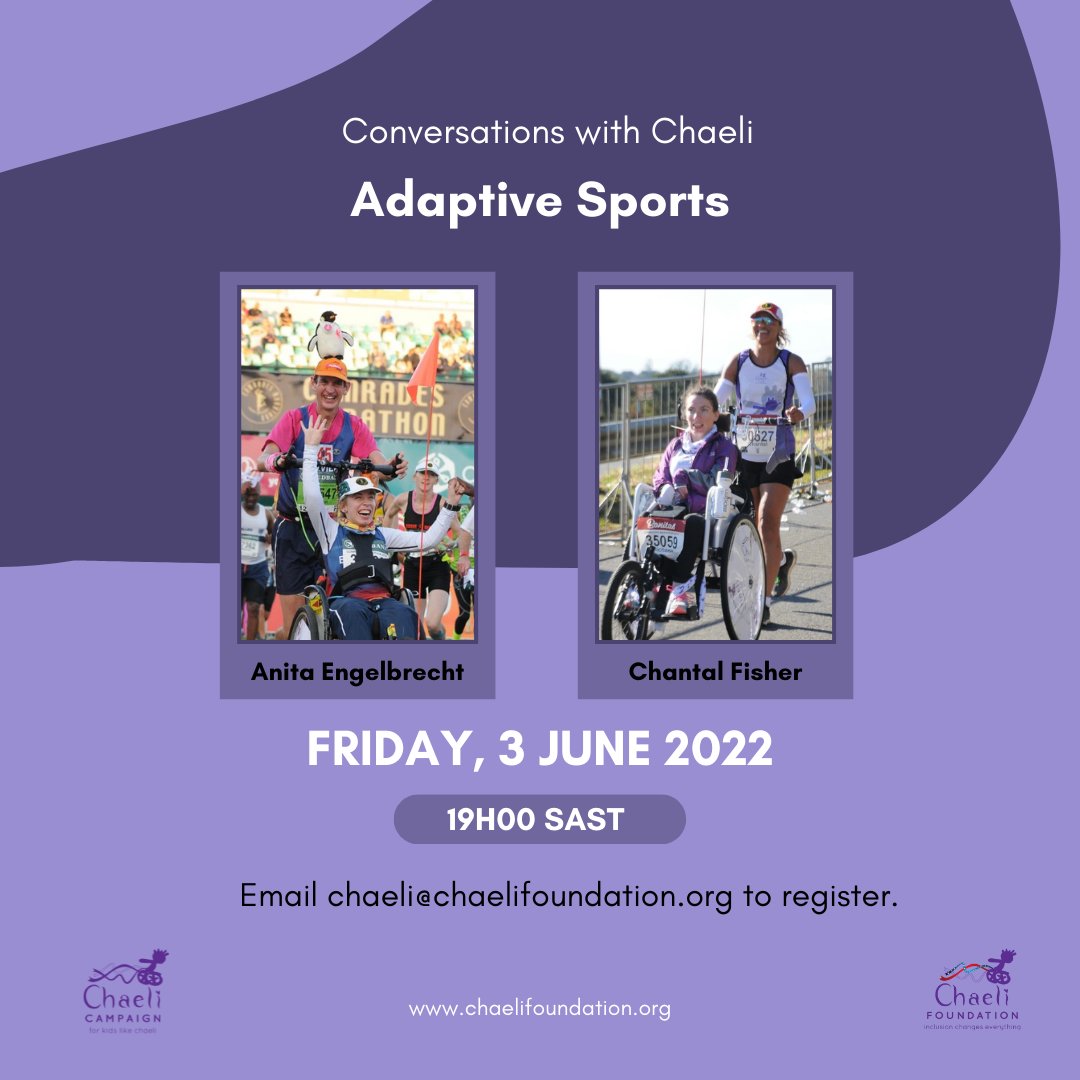 The Chaeli Campaign (@chaelicampaign) on Twitter photo This Friday, 3 June, join us as we discuss adaptive sports with our awesome panelists:
🔥 Anita Engelbrecht who is an assisted wheelchair athlete.
🔥 Chantal Fisher who is a pilot runner.
Please email chaeli@chaelifoundation.org for the Zoom link. This Friday, 3 June, join us as we discuss adaptive sports with our awesome panelists:
🔥 Anita Engelbrecht who is an assisted wheelchair athlete.
🔥 Chantal Fisher who is a pilot runner.
Please email chaeli@chaelifoundation.org for the Zoom link.