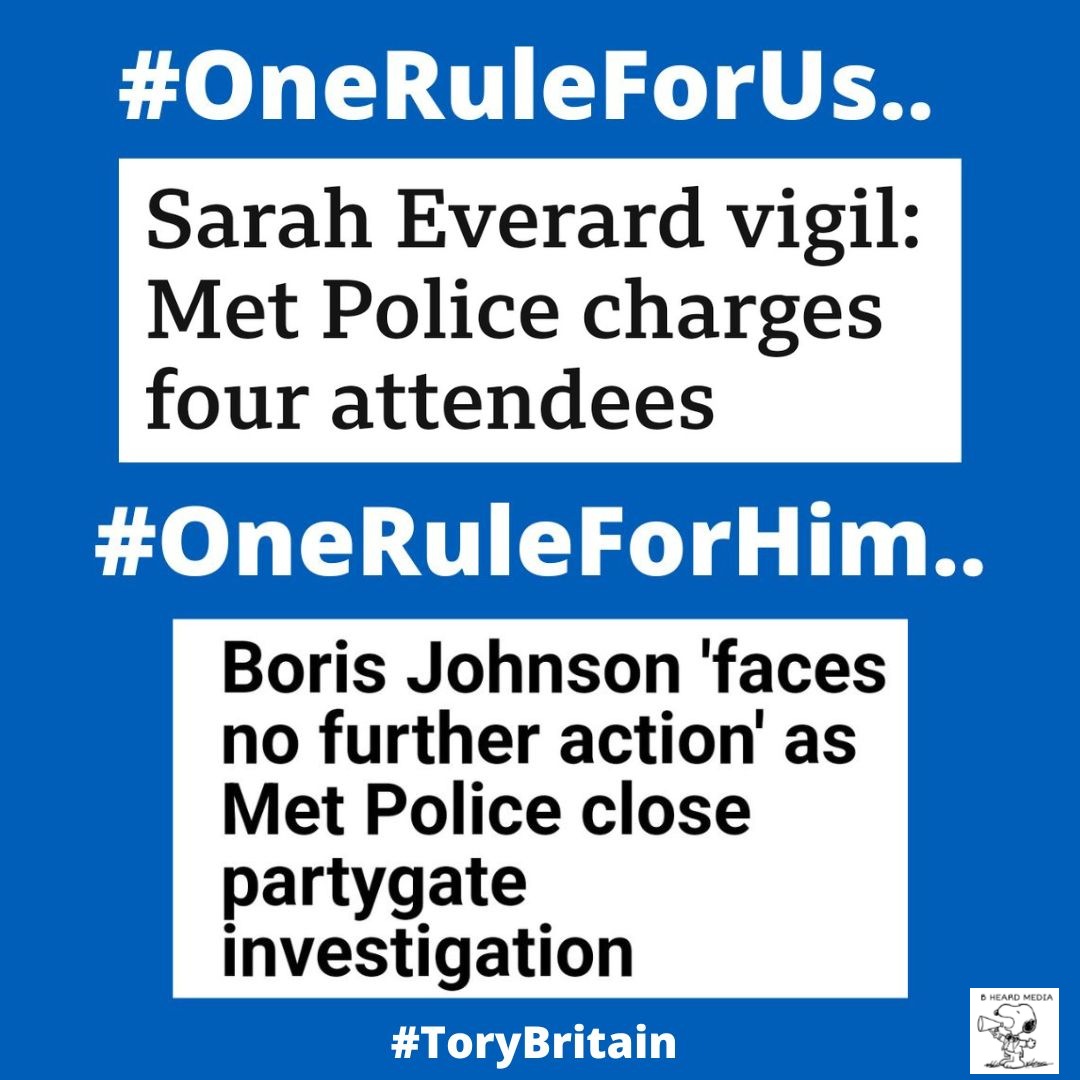 bheardmedia's tweet photo. #oneruleforus...
Sarah Everard vigil: Met Police charges four attendees

#OneRuleForHim..
Boris Johnson faces "no further action" as Met Police close #Partygate investigation - Despite Johnson attending 'illegal parties' and having two parties in his private flat!
#JohnsonOut128 https://t.co/rGZjqJ8eHE