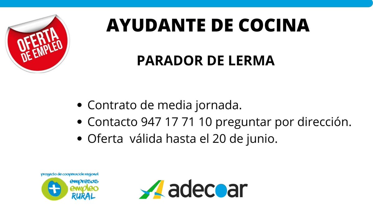 📢 Ofertas de empleo!!! <a href="/AspaniasBurgos/">Grupo Social ASPANIAS</a>  <a href="/Plenainclusion/">🍀 Plena inclusión</a>  <a href="/paradores/">Paradores de Turismo</a>  #Lerma  #Mecerreyes #Covarrubias <a href="/sierralademanda/">Sierra de la Demanda</a>  #CilleruelodeAbajo 
<a href="/empresasempleo/">+Empresas +Empleo +Rural</a>