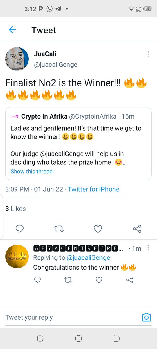 CryptoinAfrika's tweet photo. The results are in π
@6tn9n is the winner! π€
He takes home crypto worth 10k. π
Keep checking out for the next contest on @CryptoinAfrika
Thanks to our judge for today @juacaliGenge and to our other participants @AfyaCentreCrew
and @mushroom_ke
#CryptoInAfrika @alhajitekno https://t.co/ES6AosRdHy