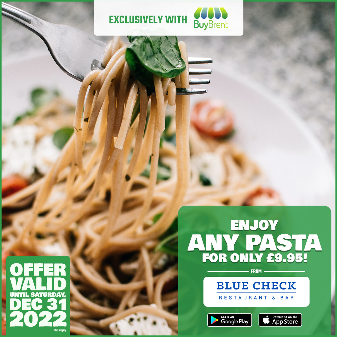 Enjoy any pasta for £9.95! - at Blue Check. 
T &amp; C apply

Download the BuyBrent App to claim this offer.
bit.ly/BuyBrent
 
Offer valid until, December 31, 2022.

#BuyBrent #OrderLocal #brentlocal #SaveMoney #ShopLocal #shoponline 
#lovelocal #localbusiness
