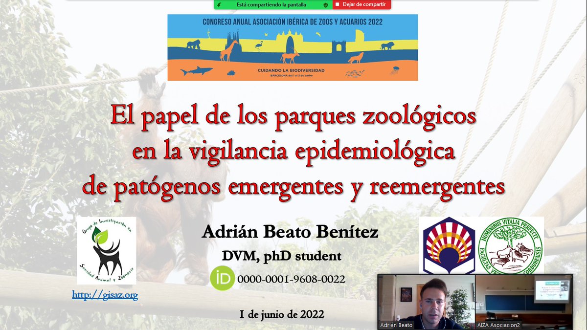 Nuestro compañero <a href="/beato_benitez/">Adrián Beato Benítez</a> ha participado hoy en el Congreso Anual Asociación Ibérica Zoos y Acuarios (#AIZA) 2022 con una ponencia sobre el papel de los parques zoológicos en la vigilancia epidemiológica de patógenos emergentes y reemergentes¡ 🦓🦘🦥🐼🧑🏽‍⚕️