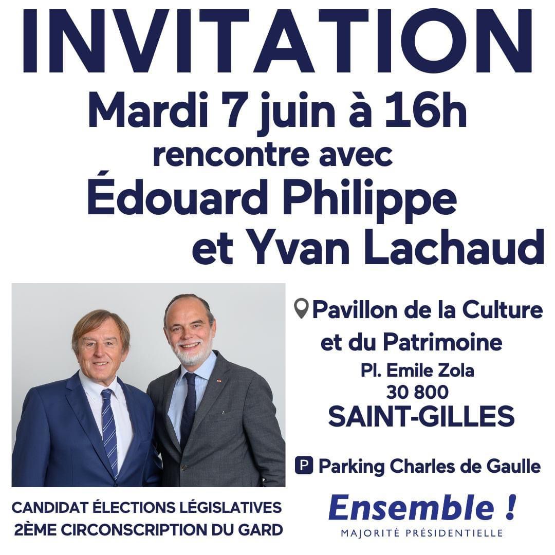 Yvan Lachaud (@yvan_lachaud) on Twitter photo 🚨Mardi 7 juin <a href="/EPhilippe_LH/">Edouard Philippe</a> viendra soutenir ma candidature aux élections législatives du 12 et 19 juin.
✅Rendez-vous à 16h au Pavillon de la Culture et du Patrimoine à Saint-Gilles.
#ensemble #Horizons #EnsembleMajoritePresidentiel #circo3002 #legislatives2022 🚨Mardi 7 juin <a href="/EPhilippe_LH/">Edouard Philippe</a> viendra soutenir ma candidature aux élections législatives du 12 et 19 juin.
✅Rendez-vous à 16h au Pavillon de la Culture et du Patrimoine à Saint-Gilles.
#ensemble #Horizons #EnsembleMajoritePresidentiel #circo3002 #legislatives2022