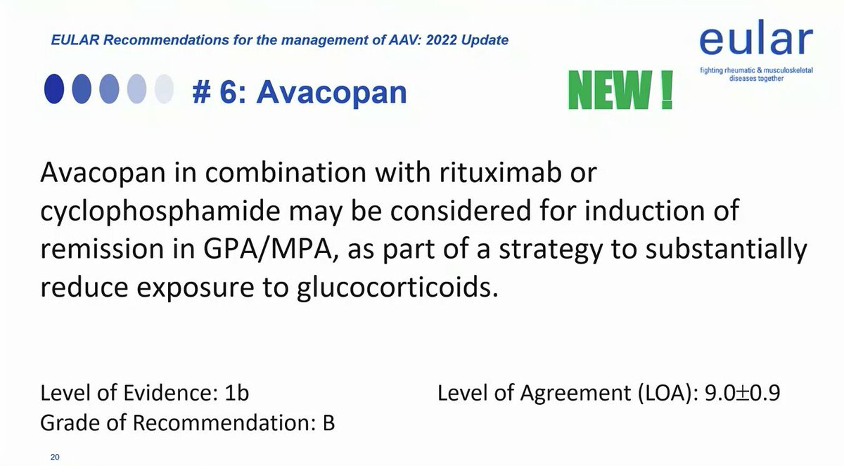 Eric Dein (@ericdeinmd) on Twitter photo #EULAR2022 Update ANCA-associated vasculitis
⭐️Last update 2016
▶️Tissue bx important!
▶️RTX for most for remission, maintenance
▶️Lower steroids (50-75 mg, decrease to 5 mg/d by 4-5 mo), can use avacopan to ⬇️
▶️ No routine PLEX
▶️Maintenance is 24-48 mo, tailor to pt
<a href="/RheumNow/">Dr. John Cush</a> #EULAR2022 Update ANCA-associated vasculitis
⭐️Last update 2016
▶️Tissue bx important!
▶️RTX for most for remission, maintenance
▶️Lower steroids (50-75 mg, decrease to 5 mg/d by 4-5 mo), can use avacopan to ⬇️
▶️ No routine PLEX
▶️Maintenance is 24-48 mo, tailor to pt
<a href="/RheumNow/">Dr. John Cush</a>