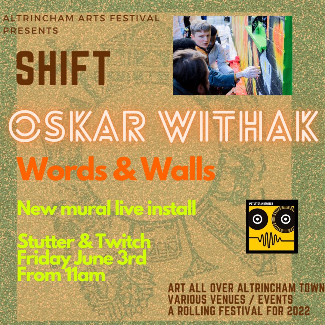AltyArtsCltv's tweet photo. Time to switch to Oskar WithaK ❤️

Come and see it happen @stutter_twitch 
⬇️

#oskarwithak #muralartist #ukmural #manchesterartist #typography #artiscommunity #socialvalue #budgeup #altrinchamartsfestival https://t.co/NsHluWqChH