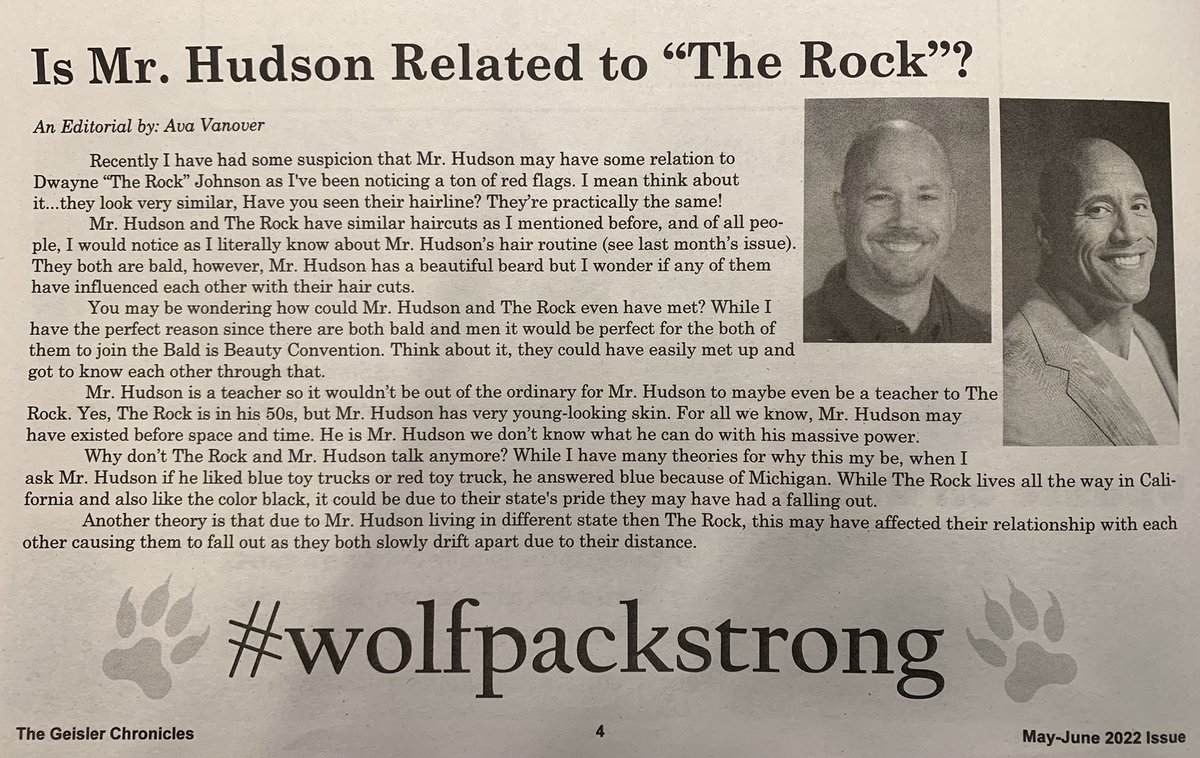Did you see the new printed “The Geisler Chronicles”?  Do you think Mr. Hudson is related to “The Rock”?  Let’s get them connected! <a href="/TheRock/">Dwayne Johnson</a>  <a href="/WalledLkSchools/">Walled Lake Schools</a> <a href="/geislerwolfpack/">James R. Geisler Middle School</a> #Newspaper #gms #TheRock