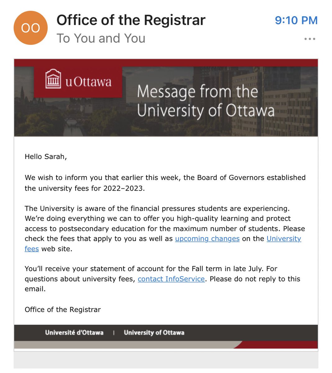 Just in case I thought I couldn’t get any more disappointed with @uottawa 🙃

First there are SIGNIFICANT cuts to admission scholarships making it literally impossible to survive as a student financially… and now this…

Students need and deserve better.

<a href="/BMIGSA/">BMIGSA uOttawa</a> @recteurUOpres