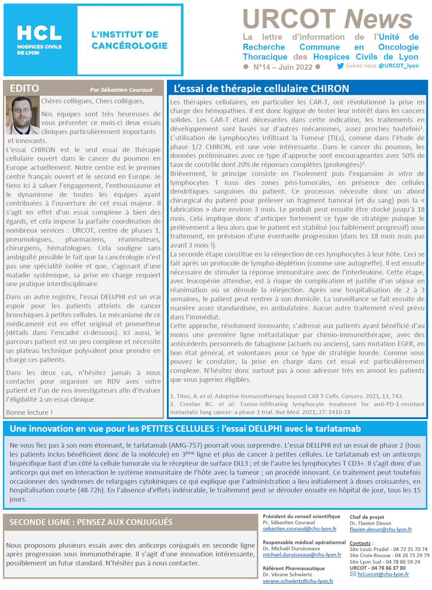 La nouvelle newsletter de l'URCOT, l'unité de recherche en oncologie thoracique de <a href="/CHUdeLyon/">HCL - Hospices Civils de Lyon</a> est sortie !
FOCUS sur un essai très innovant, unique en France, l'essai de thérapie cellulaire CHIRON !
On parle également de l'essai testant le Tarlatamab dans les petites cellules.