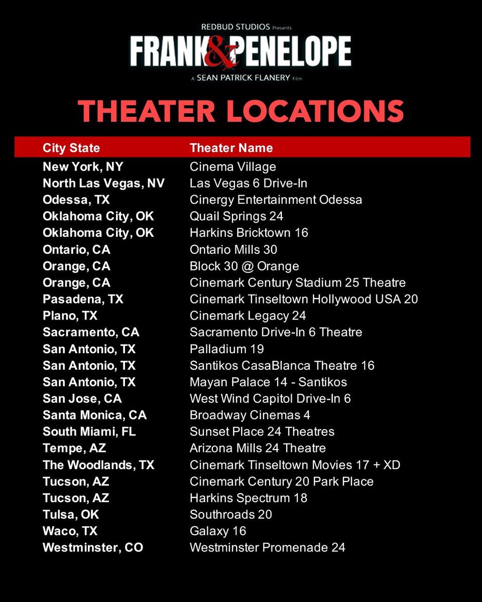 Redbudstudiostx's tweet photo. ‼️NEW LOCATIONS ADDED 🍿����
Check out our current list of theaters. Don’t see your city listed? Request it on this link. #frankandpenelope #redbudstudios
https://t.co/Hrxn0or2eA https://t.co/t44syv2t70