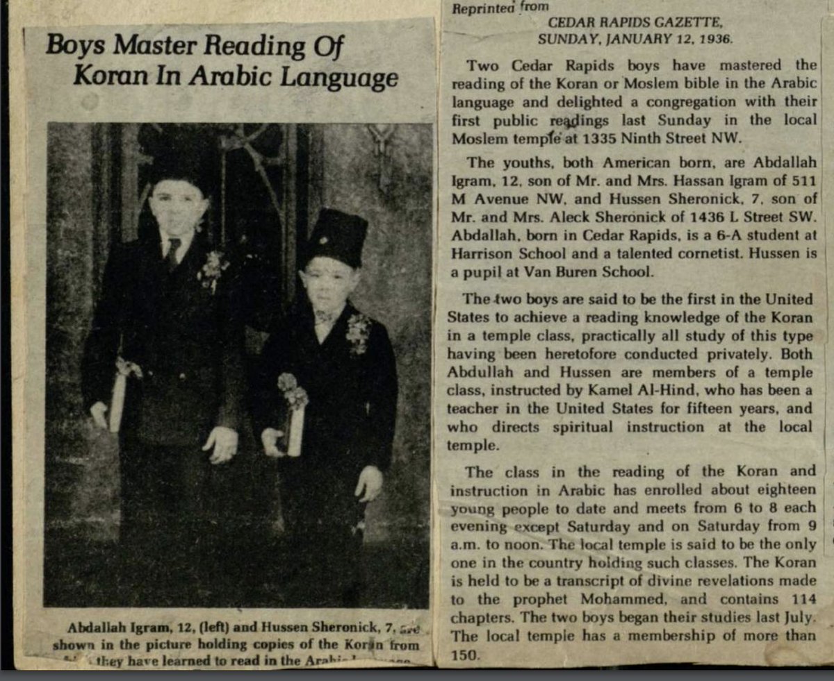 1/ In January 1936, the Cedar Rapids Gazette published an article that highlighted the first American madrasa teaching Muslims how to read the Quran. The two boys are Abdullah Igram &amp; Hussen Sheronick.