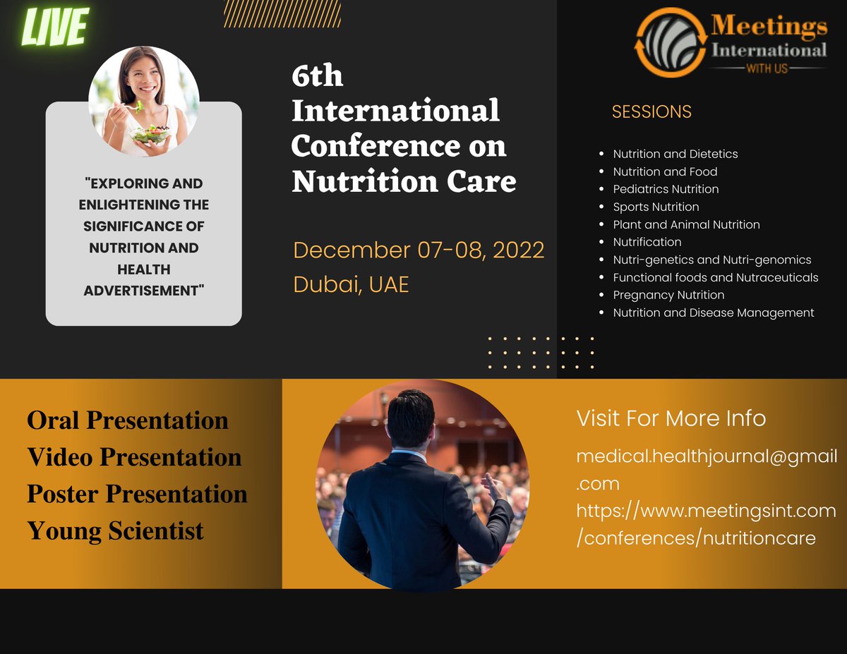 Call_papers's tweet image. Meetings International gladly invites worldwide experts for "6th International Conference on Nutrition Care", held on during December 07-08, 2022 in Dubai, UAE.
Visit: meetingsint.com/conferences/nu…
Contact us: medical.healthjournal@gmail.com
 #nutritioncare #nutrition #sportnutrition
