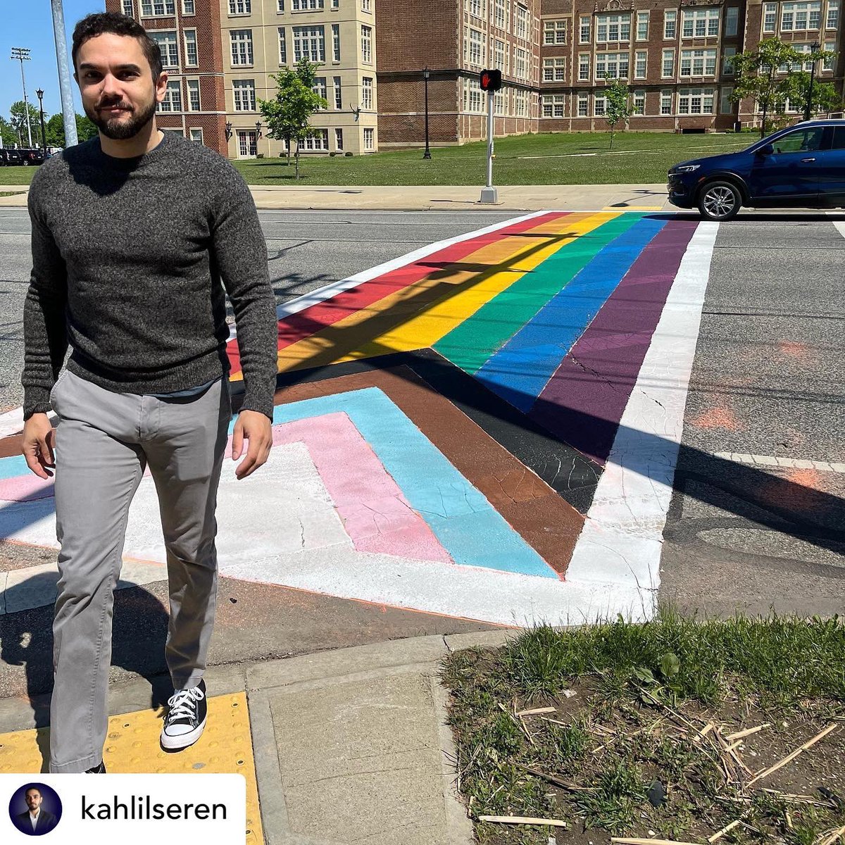 ClvHtsGov's tweet photo. Did anyone spot this change on Cedar Rd. in #clevelandheights this week? #pride2022🏳️‍🌈 

Make sure you check out the city’s first ever progress flag crosswalk. It’s placement is my administration’s answer to the “Don’t Say Gay” bill introduced here in #Ohio. 

#pridemonth https://t.co/qYIFaS71Rq