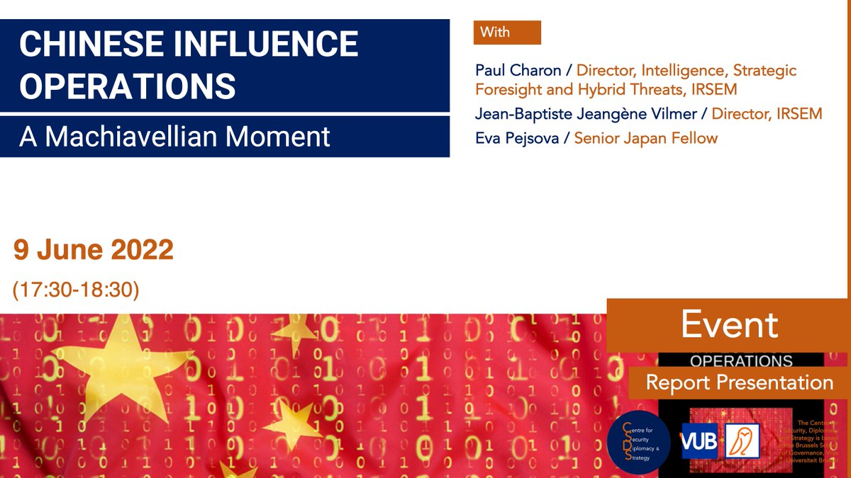 🚨 Save the date: 9 June!

<a href="/PaulCharon/">Paul Charon</a> &amp; <a href="/jeangene_vilmer/">Jean-Baptiste Jeangène Vilmer</a> will be presenting their important report on Chinese influence operations at <a href="/Brussels_School/">Brussels School of Governance (BSoG)</a>. Great to welcome <a href="/IRSEM1/">IRSEM</a>. Our very own <a href="/EPejsova/">Eva Pejsova</a> will moderate the discussion! 

Register now🔸brussels-school.be/event/chinese-…