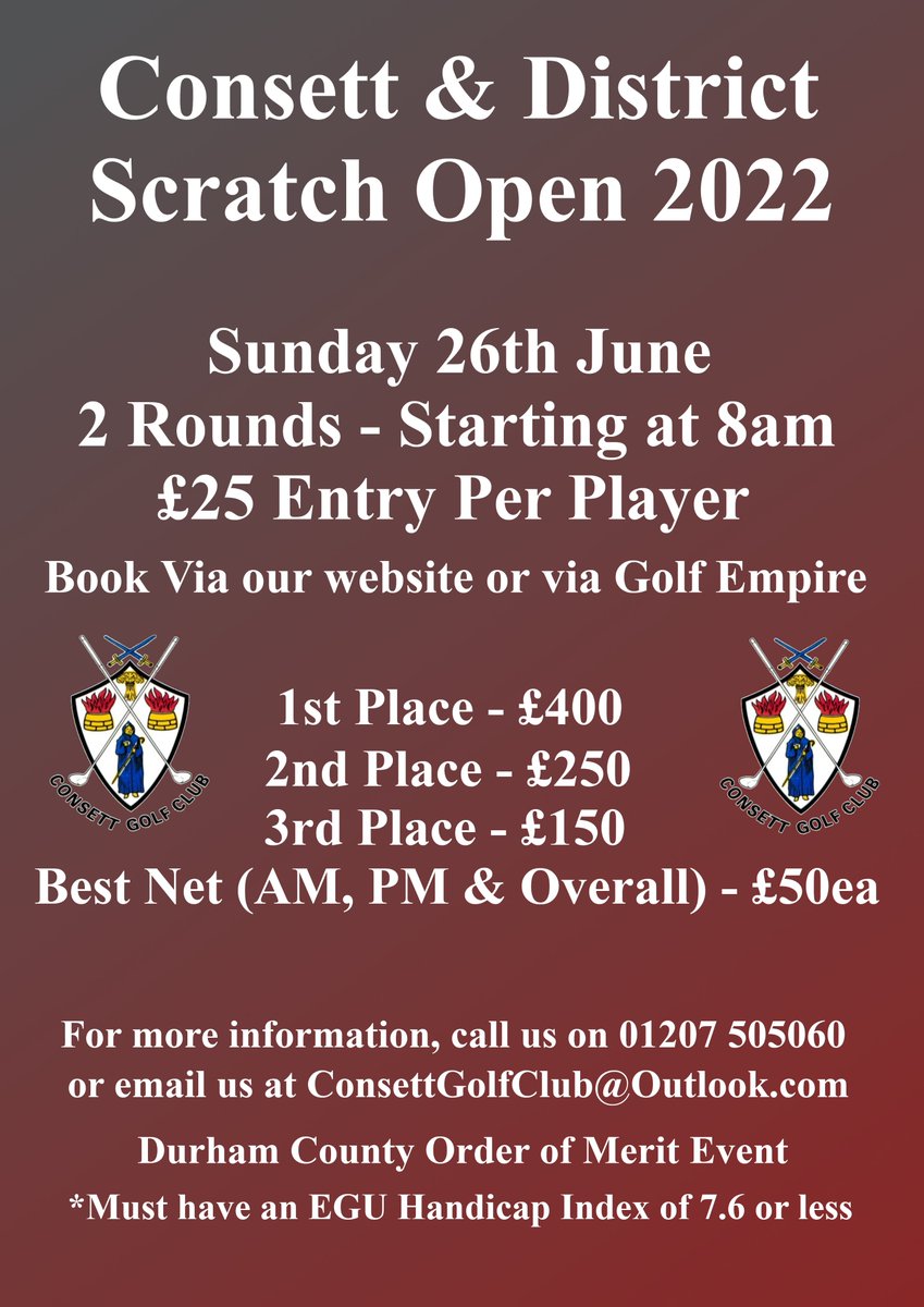 𝗦𝗖𝗥𝗔𝗧𝗖𝗛 𝗢𝗣𝗘𝗡 𝟮𝟬𝟮𝟮

This month we're holding our Scratch Open!  £25 entry per player, with 𝗺𝗮𝘀𝘀𝗶𝘃𝗲 prizes up for grabs!

Link to book:
visitors.brsgolf.com/consettdistric…

You can find more details below, or contact us!