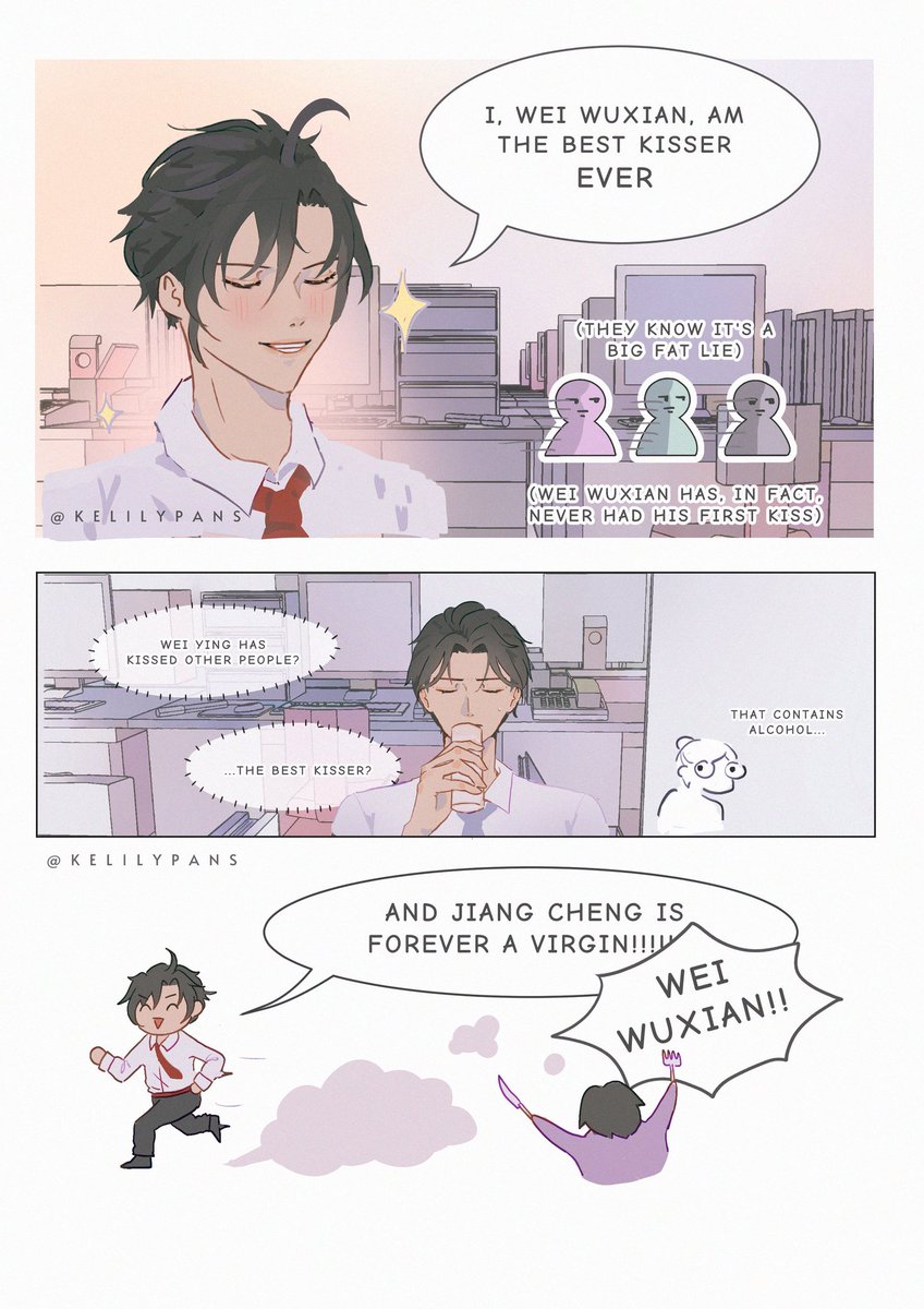 kelilypans's tweet photo. wangxian office au ish where wwx makes a claim and lwj demands a proof (notice the missing tie ahahah) (lwj thought it would be good for other use) (such as?)
#忘羡 #mdzs #wangxian https://t.co/J503cjOtQx