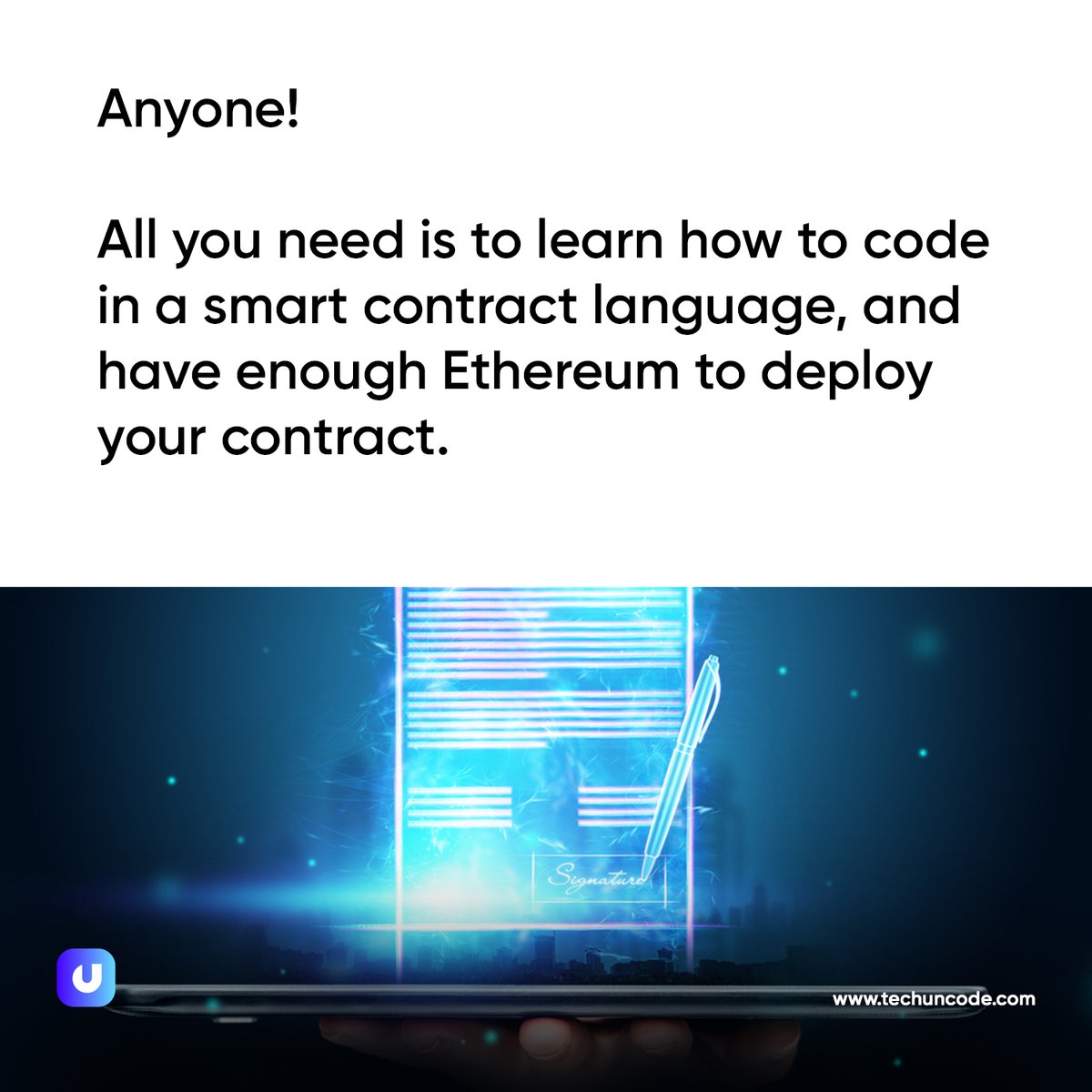 techuncode's tweet photo. Writing a smart contract doesn't require any specific certification, and users are already developing smarr contracts to earn money.

You too can learn the skill yo create another source of income.

#techuncode #smartcontract #moneyWednesday #blockchain https://t.co/dZ3BZBzMGk